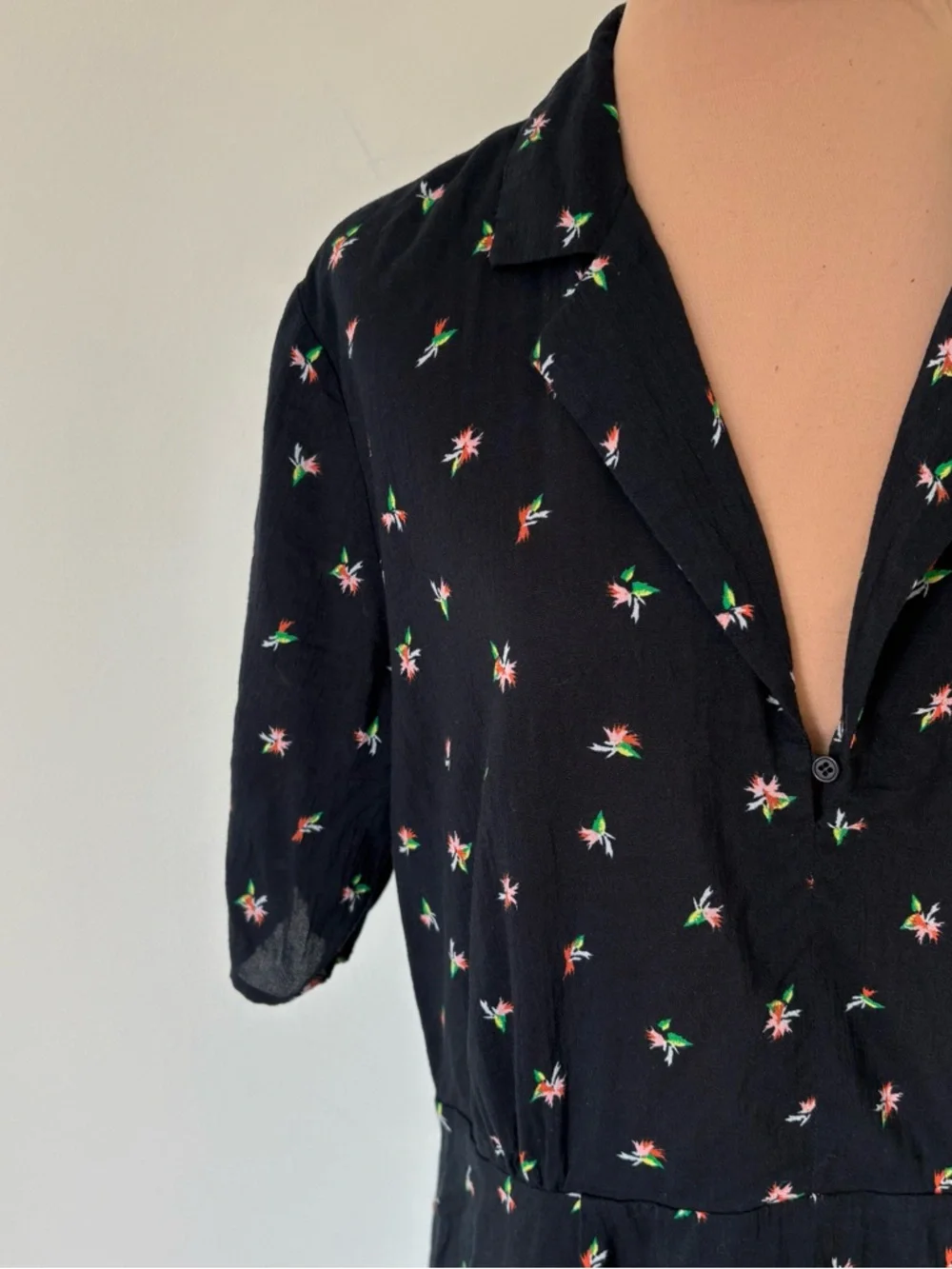 & Other Stories Black Floral Print Cotton Blend Collared Fit & Flare Dress Sz 12